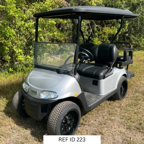 Platinum E-Z-GO RXV Elite golf cart with 4-passenger seating and Samsung lithium batteries