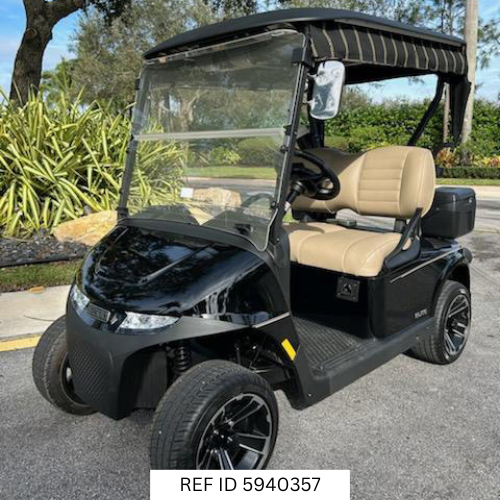 2026 E-Z-GO RXV Freedom Elite golf cart in black with premium seats, sunbrella enclosure, and Samsung Lithium battery