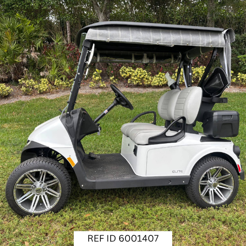 2027 E-Z-GO RXV Freedom Elite Bright White with enclosure, premium seats, and custom wheels
