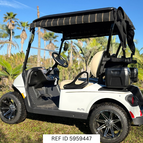 2026 E-Z-GO RXV2 Elite Bright White 2-seater with custom enclosure, windshield, premium seats, and custom wheels