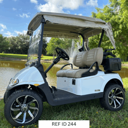 2022 E-Z-GO RXV Elite golf cart in bright white with 14-inch wheels and premium seats