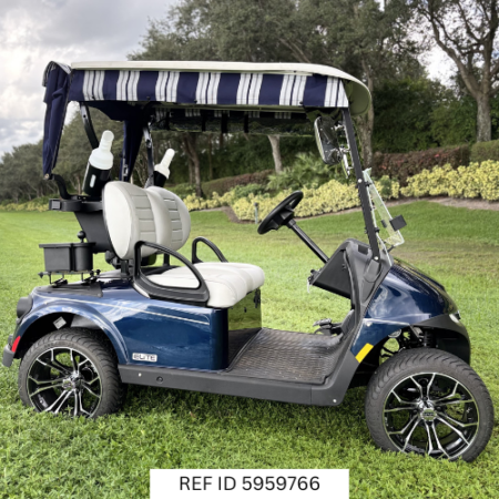 2026 E-Z-GO RXV ELiTE Blue golf cart front view with Premium White Seats – Sunshine Golf Car South Florida