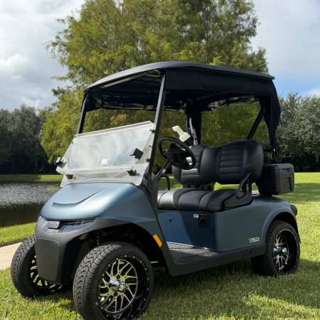 2027 E-Z-GO RXV 2 Elite Matte Blue golf cart, front three quarter view